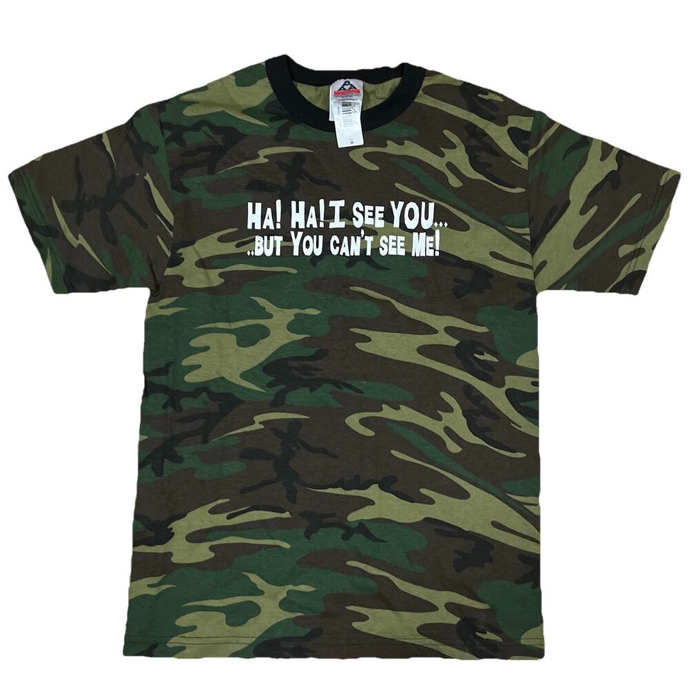 Vtg HA! HA! I See You, You Can’t See Me Camo T-Shirt Medium Deadstock Funny Joke